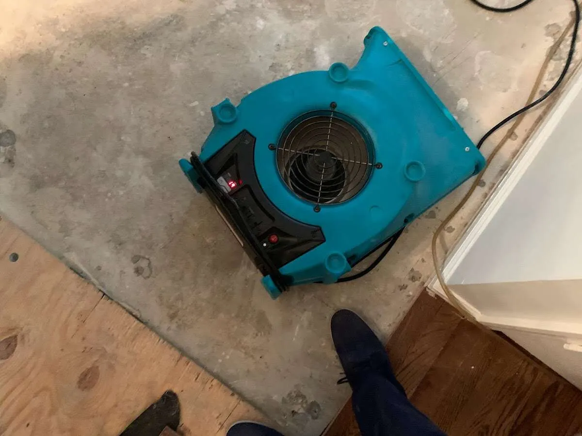 Air mover drying subfloor during Commercial Water Damage Restoration in Genesee